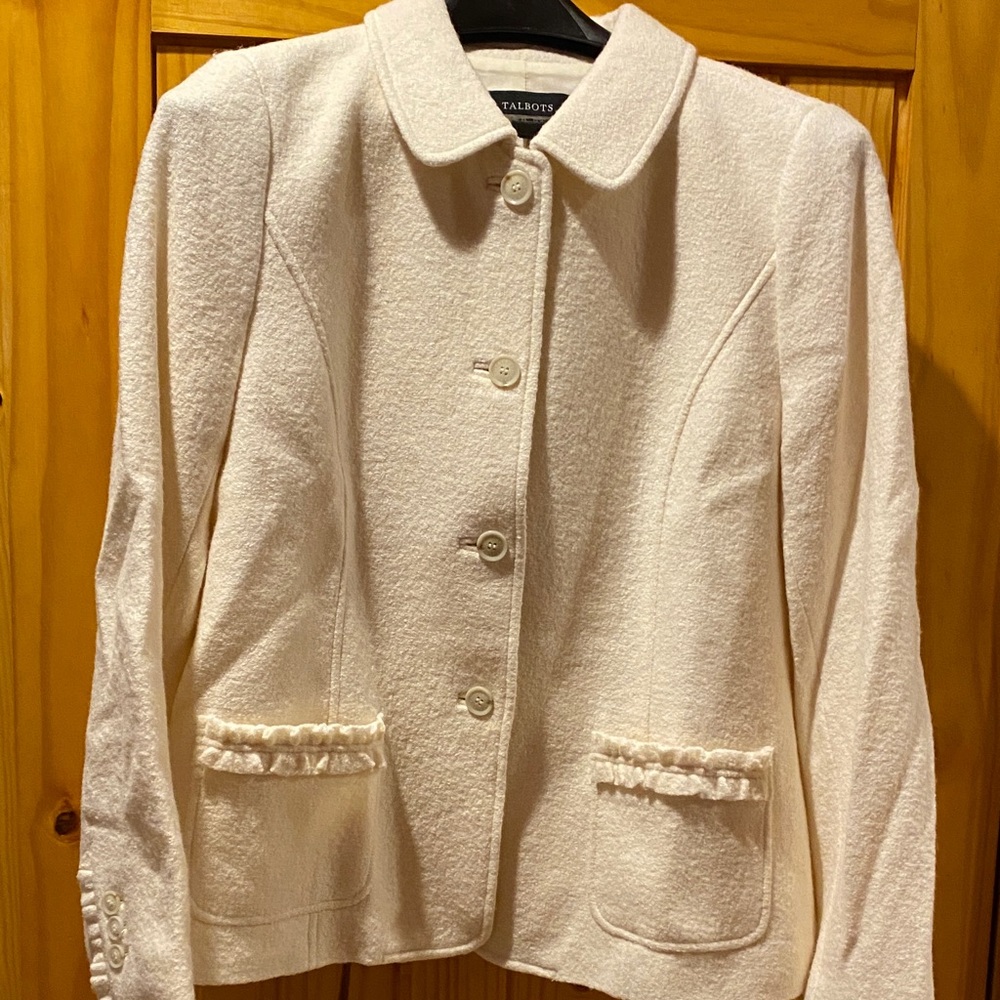 Talbots Cream Rounded-Collar Button-Front Jacket with Ruffle Pocket Trim